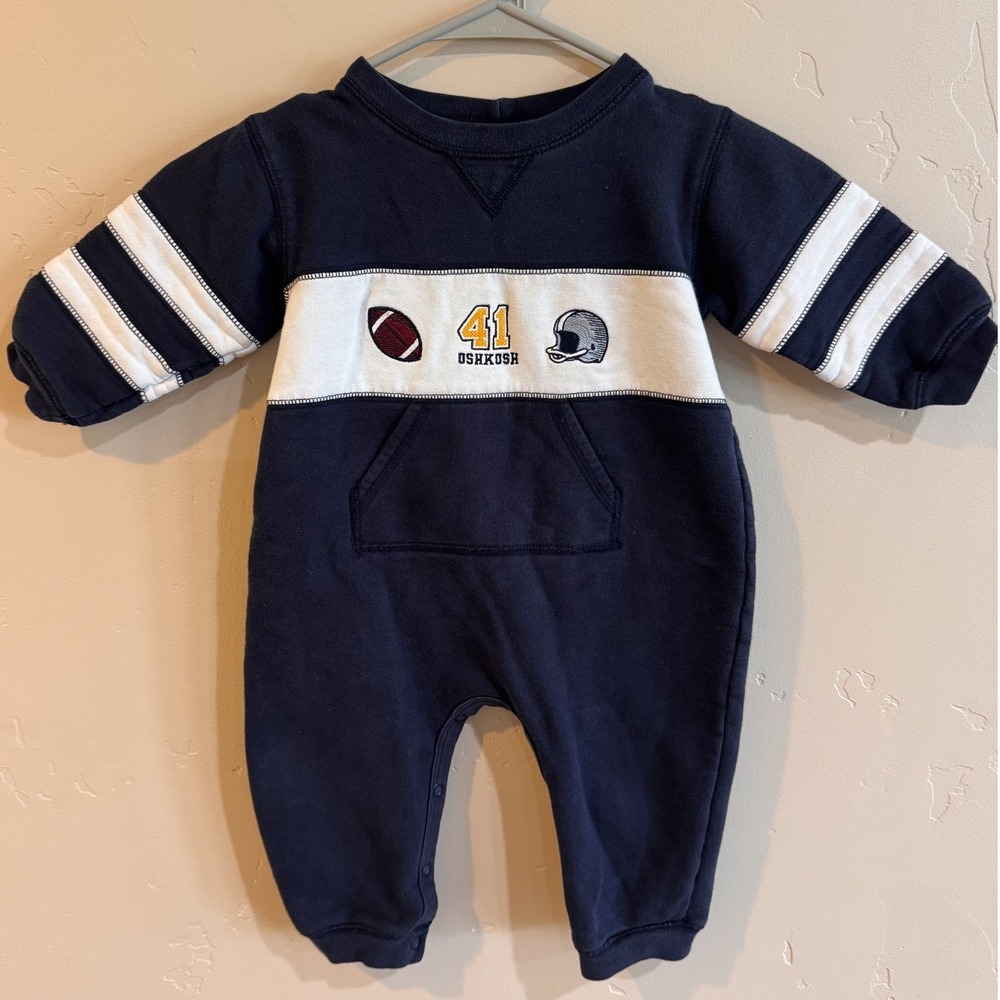 Vintage OshKosh Bgosh Baby Boys Navy Football Fleece Romper One Piece 18 Months